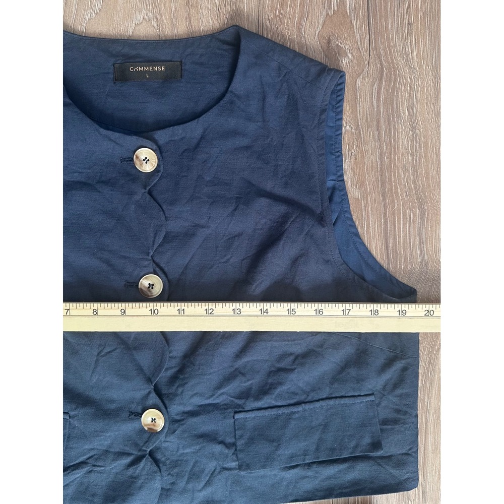 Commense Navy Linen Blend Vest & Midi Skirt Set L Scalloped Placket Quiet Luxury - Picture 3 of 8
